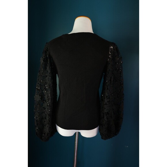 NWT French Connection Black Loa Joss Sequin Balloon Lace Sleeve V Neck Sweater - Picture 10 of 11